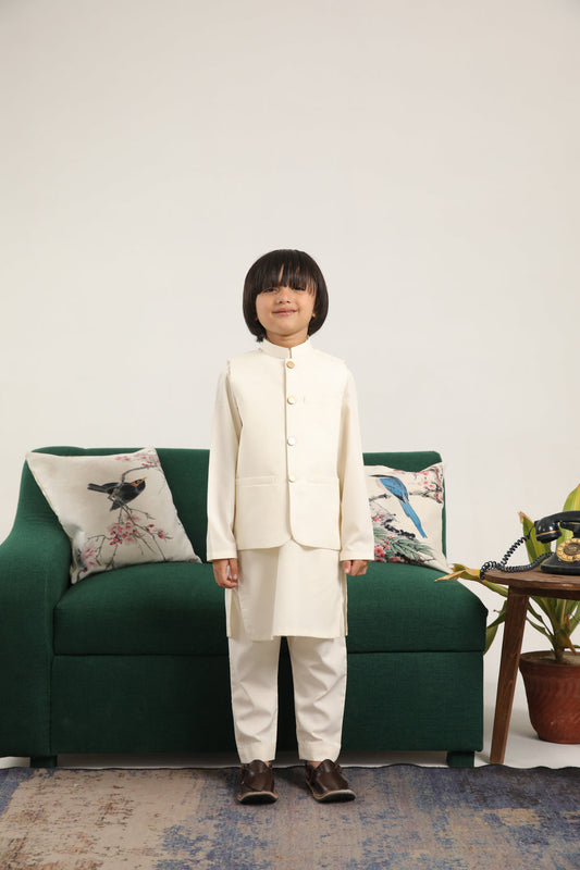 Off-White Kurta Trouser with Blended Waistcoat